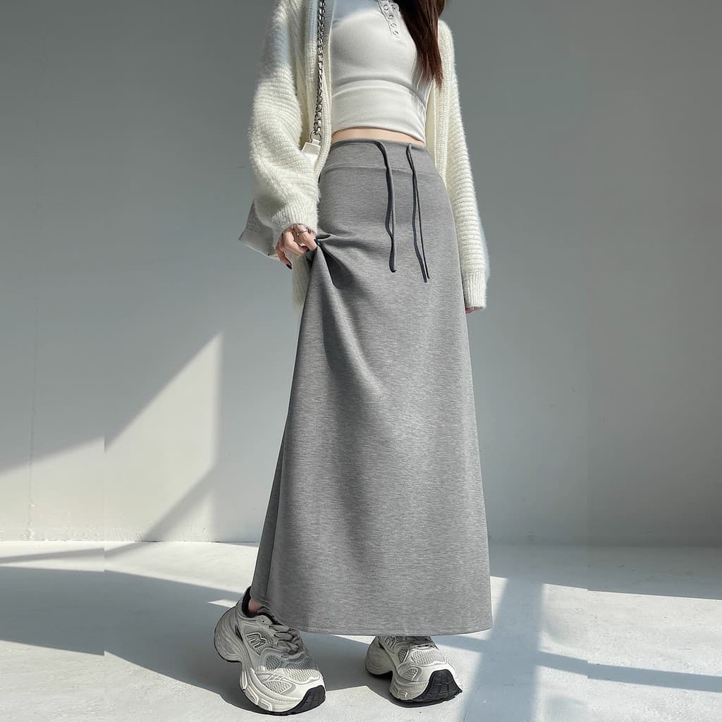 Preguiçoso solto sentir cinza saia feminina outono inverno cintura alta cordão em linha reta saia esportiva solta saia l