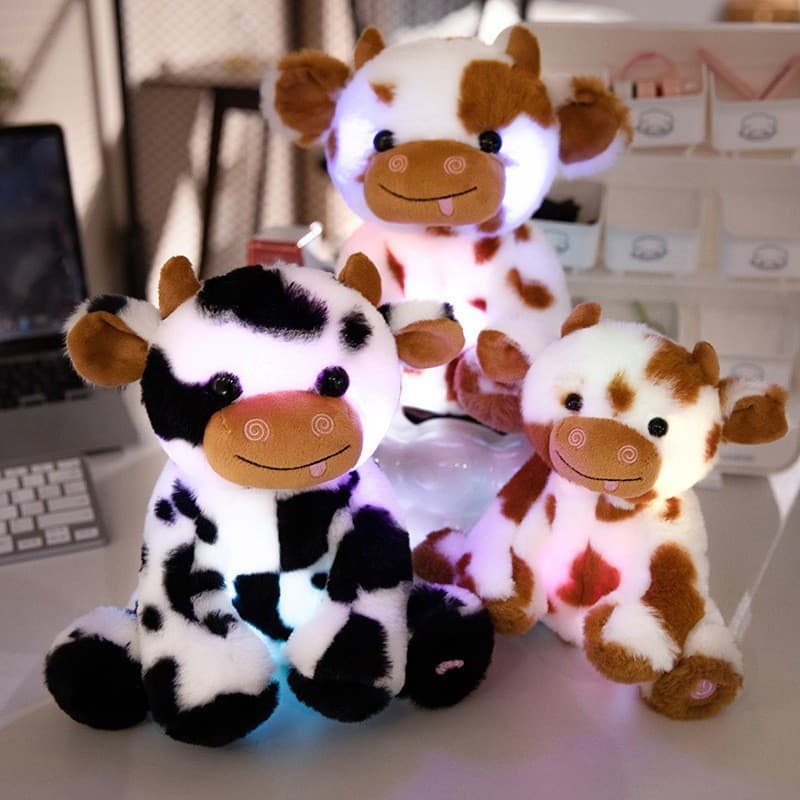 Boneca de vaca luminosa dos desenhos animados boneca manchada bezerro bonito brinquedo de pelúcia bonito boneca mascote