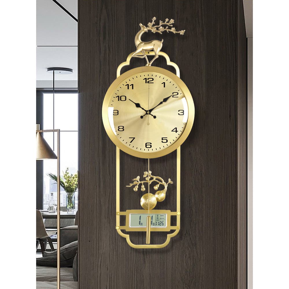 Novo relógio de parede de latão chinês sala de estar relógio decorativo calendário perpétuo relógio de parede luz luxo F