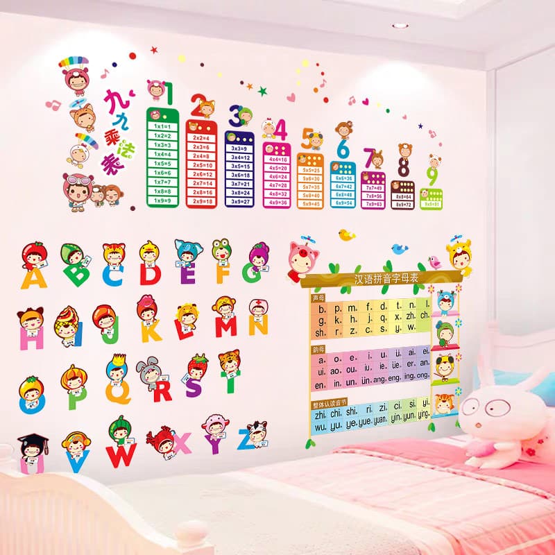 Pinyin alfabeto adesivos de parede educação precoce adesivos do bebê bonito dos desenhos animados decoração do quarto da