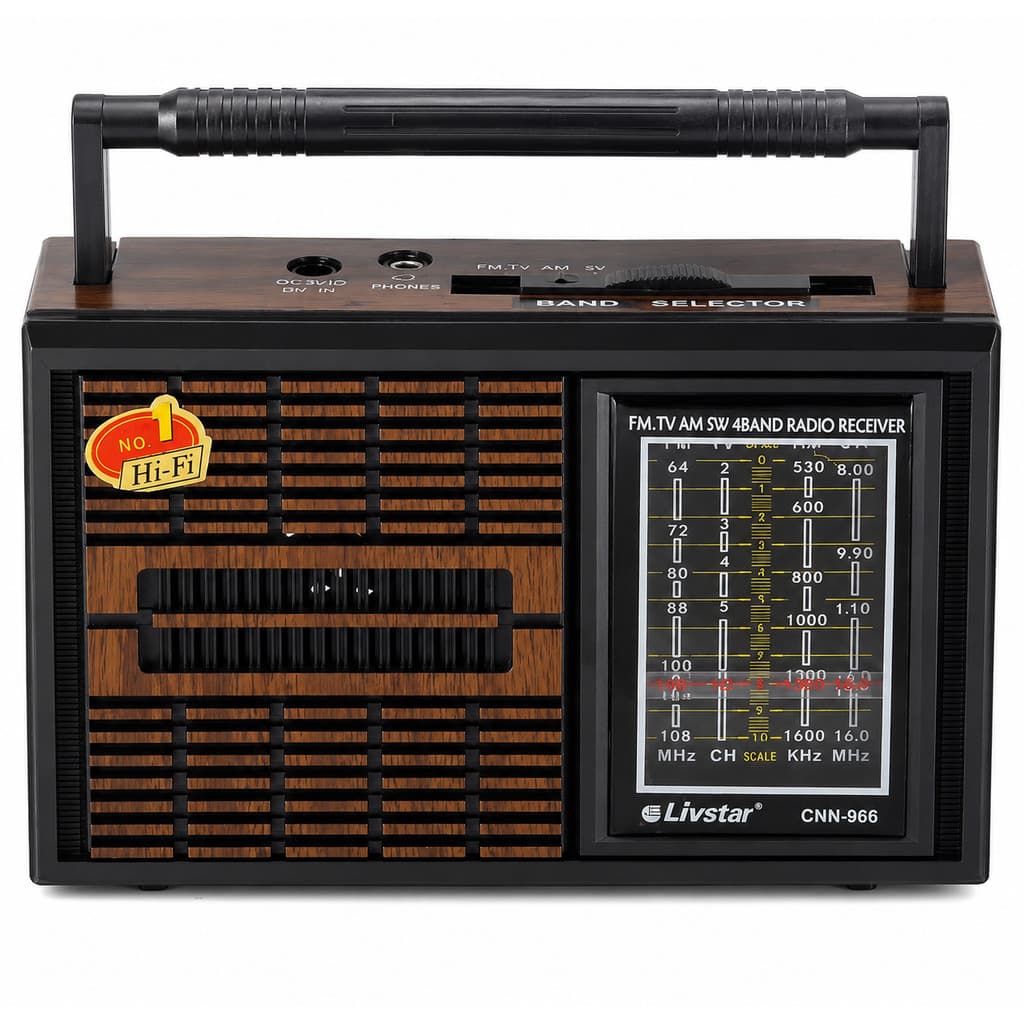 RADIO PORTATIL RETRO COM 4 BANDAS AM FM SW E TV LIVSTAR CNN-966 PILHAS E BIVOLT MANUAL