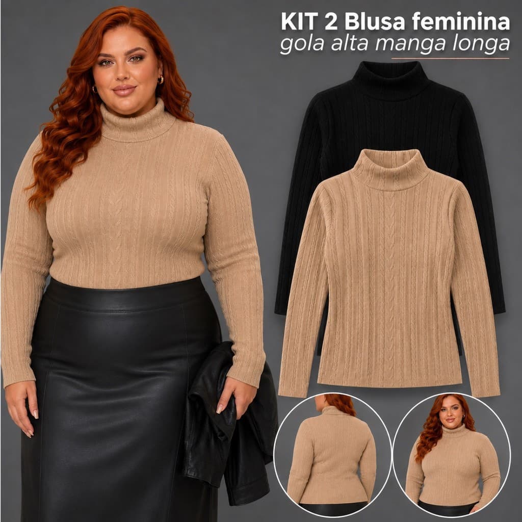 KIT 2 Cacharrel Feminina Ribanna Premium Plus Size Blusa Gola Alta Manga Longa Social Segunda Pele Básica Inverno Frio
