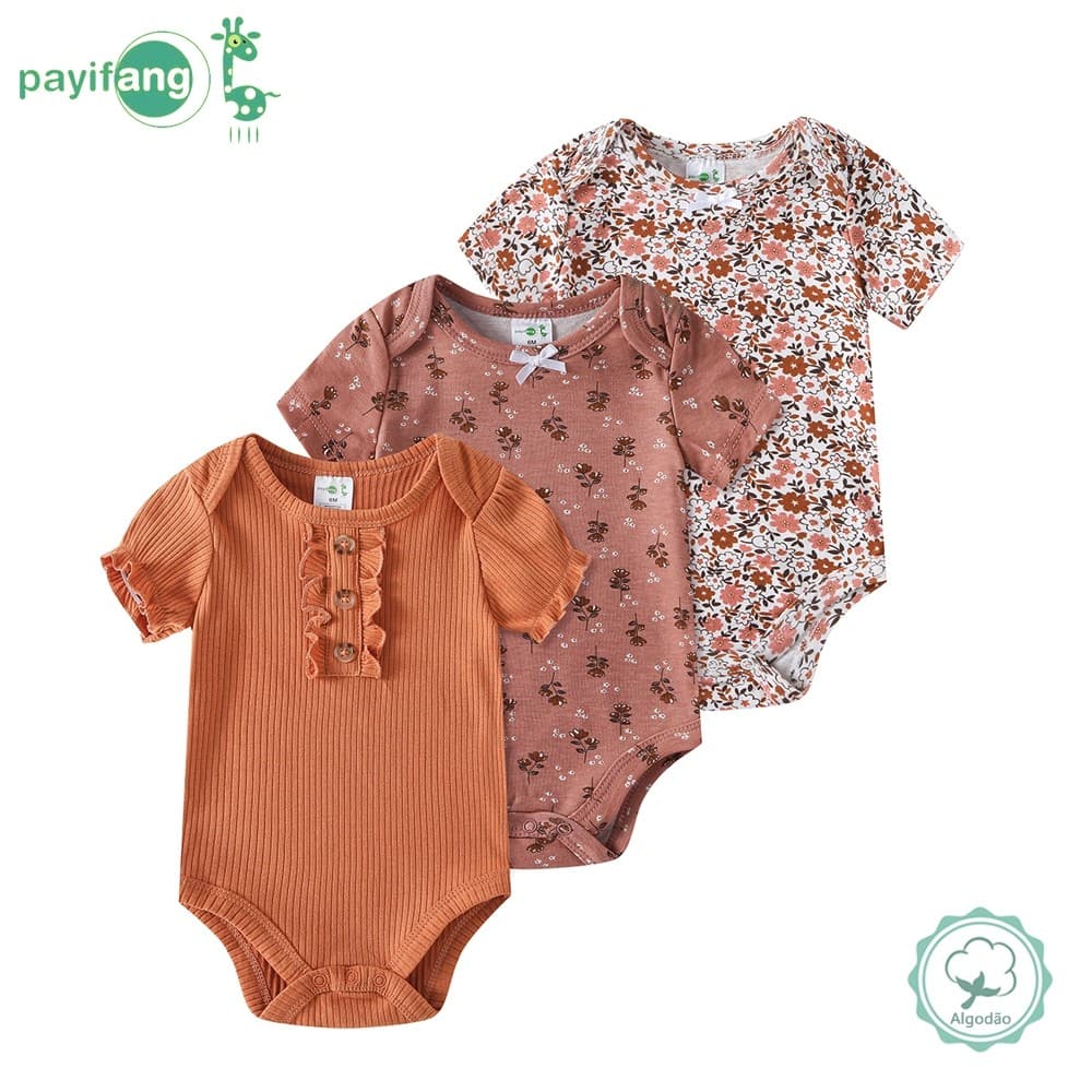 Roupinha Bebê Menina Kit 3 Bodies Manga Curta Estilo Floral Vintage