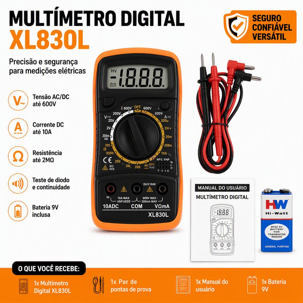 Kit Multímetro Digital XL830L Completo com Bateria 9V + Pontas de Prova Medidor Elétrico
