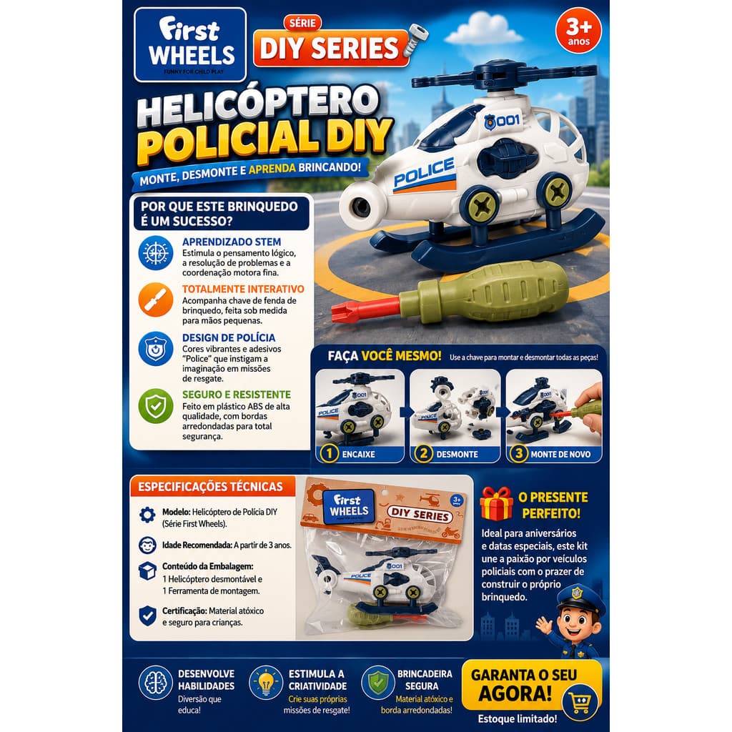 Helicóptero de Polícia Monta e Desmonta DIY - Brinquedo Educativo com Chave