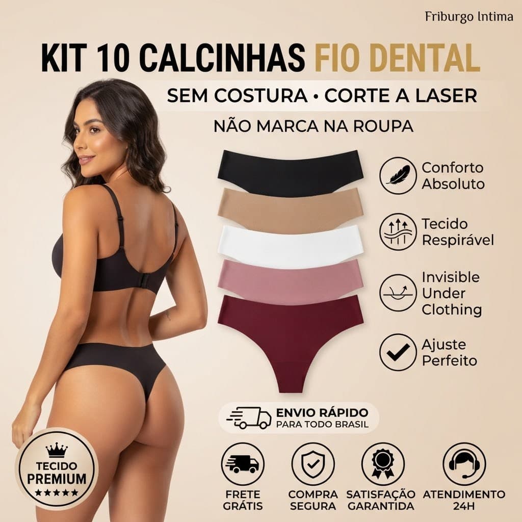 Kit 5 Calcinha Importada Fio Dental 100% Sem Costura corte a Laser Não Marca na Roupa Feminina Forro 100% Algodão