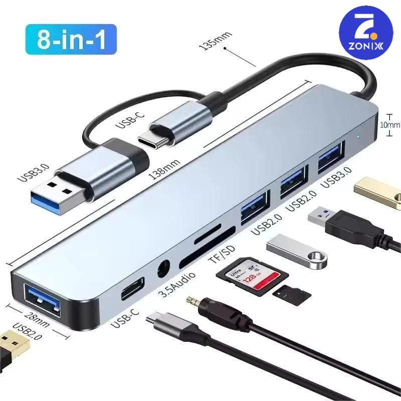 Hub USB Type C 8 Em 1 Com Leitor De Cartão Divisor 3.0 2.0 SD TF Docking Station-Zonix