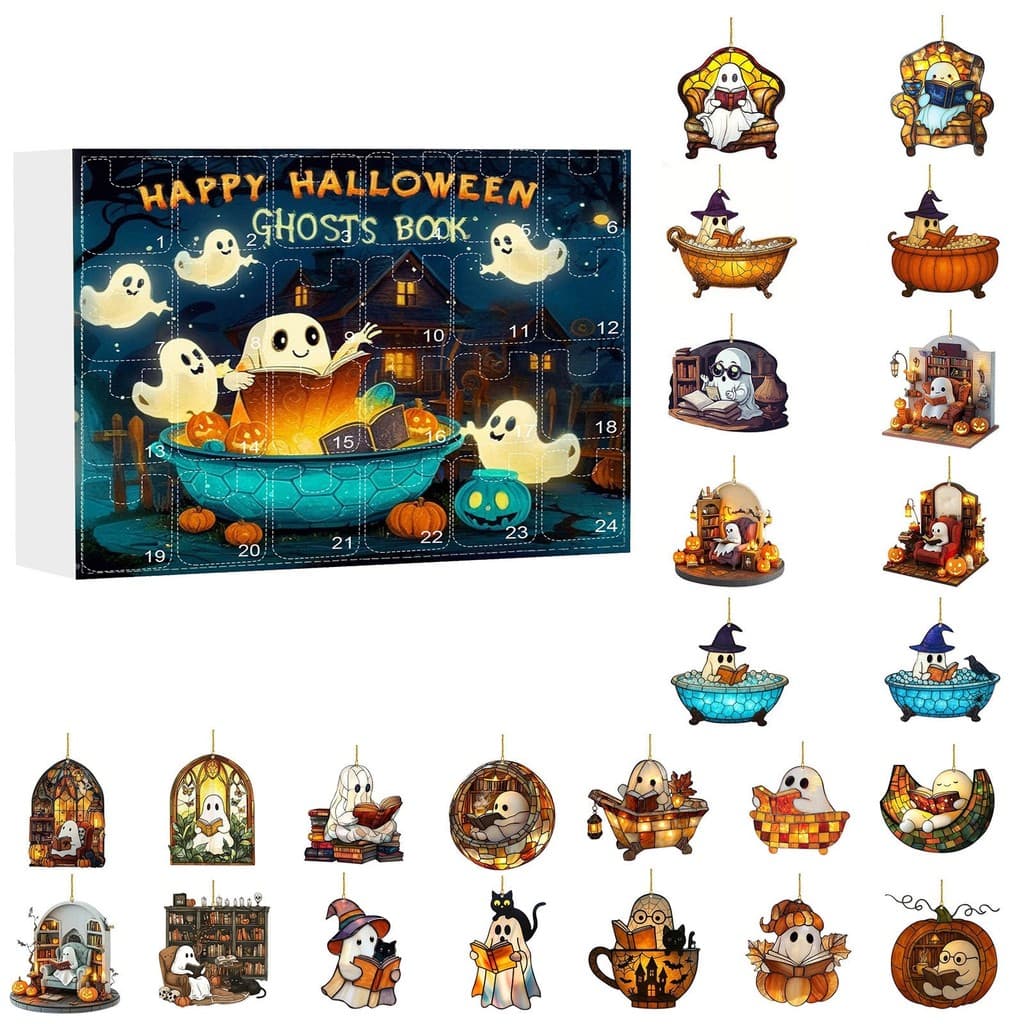 Pingente plano de acrílico com fantasma fofo lendo para contagem regressiva de Halloween