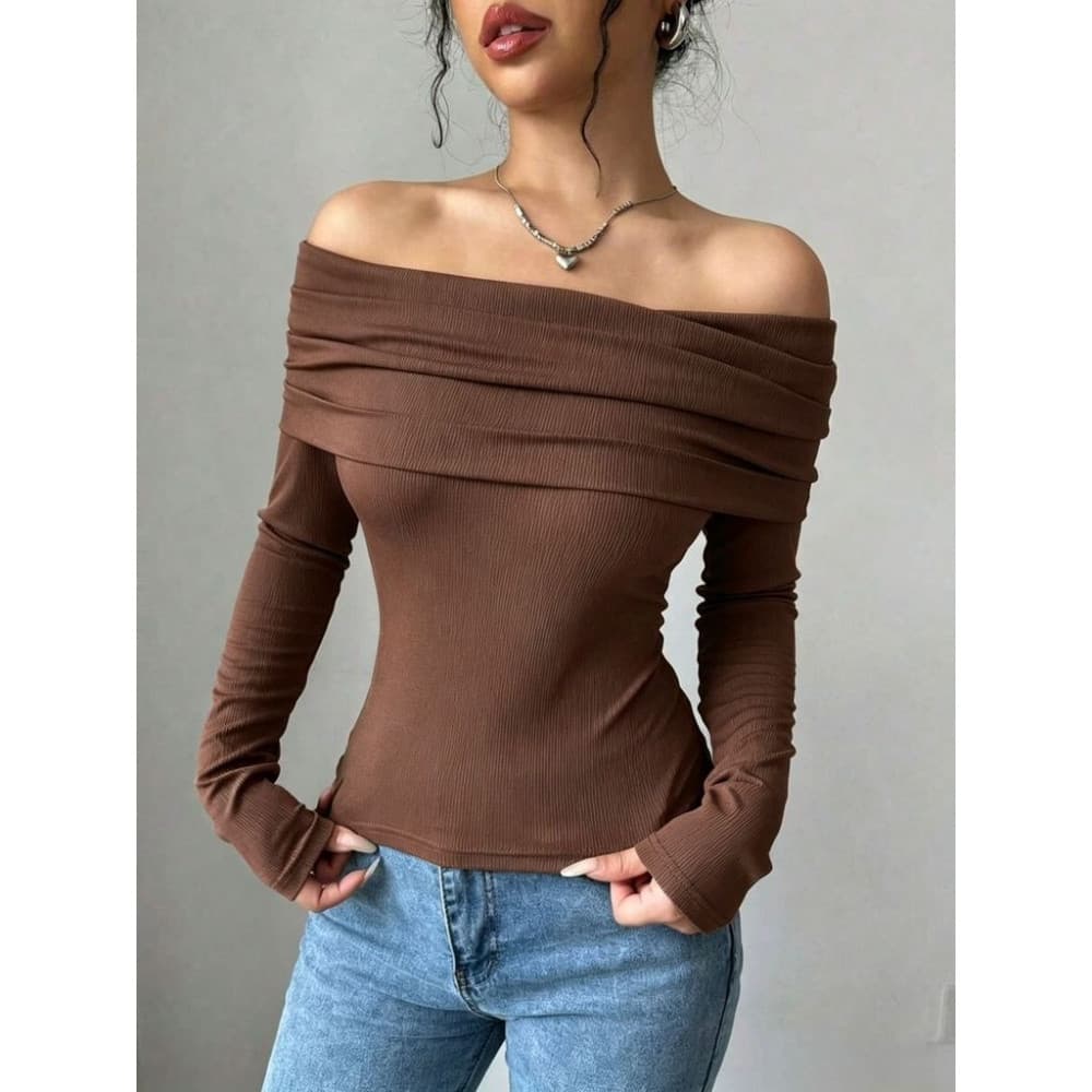 Blusa Elegante de Manga Longa com Ombro à Mostra e Babado em Cor Sólida para Mulheres