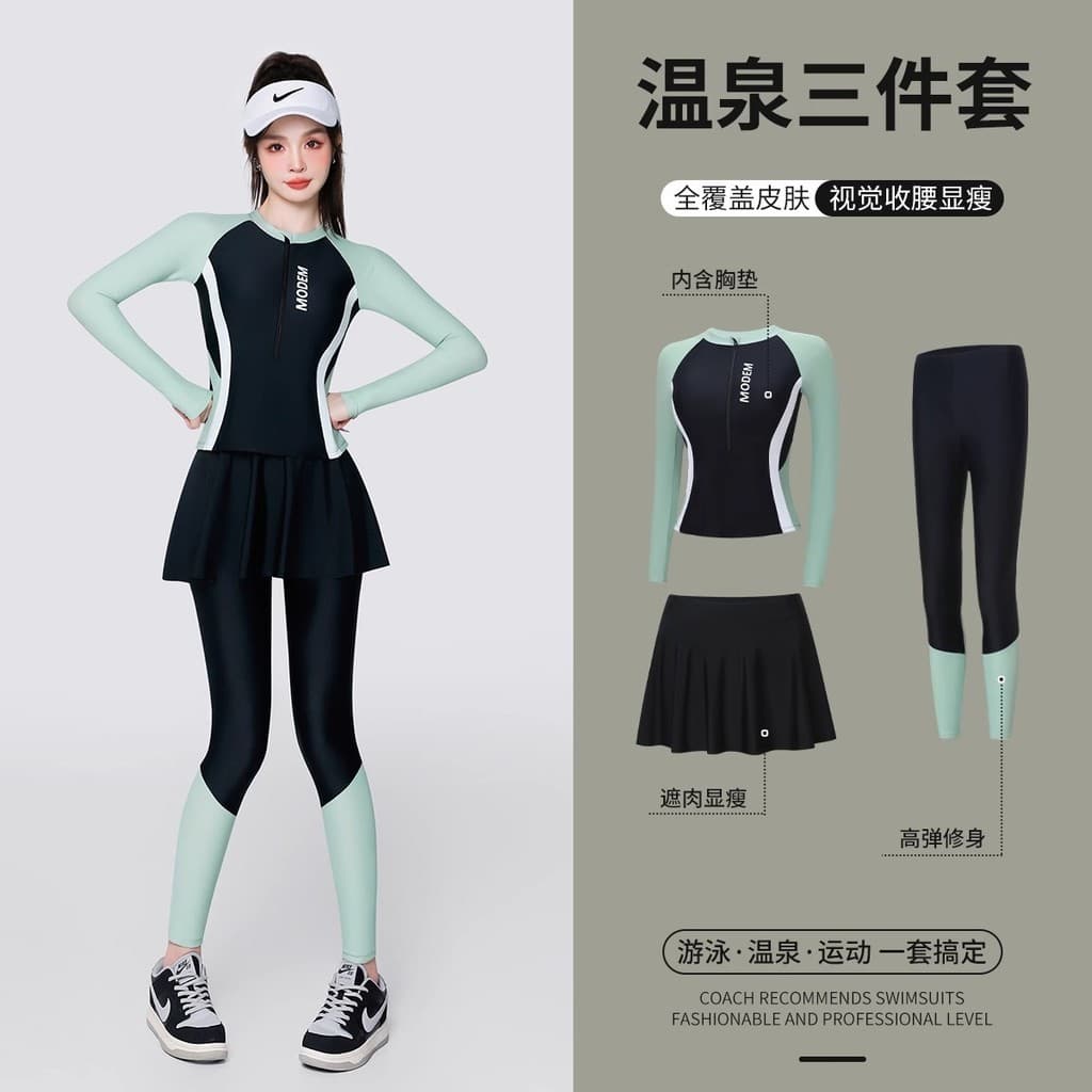 [Novo produto] Maiô feminino primavera quente três peças dividido maiô feminino de manga comprida cobrindo carne mais ma