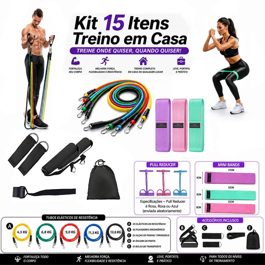 Kit 15 Itens Treino em Casa – Kit Extensor 11 Peças + kit 3 Mini Bands + Pull Reducer Fitness
