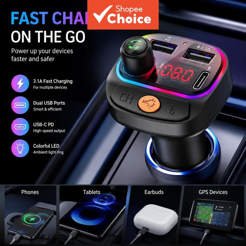 Bluetooth 5.0 Transmissor FM Carregador De Carro PD Type C USB Luz Ambiente Adaptador De Áudio MP3