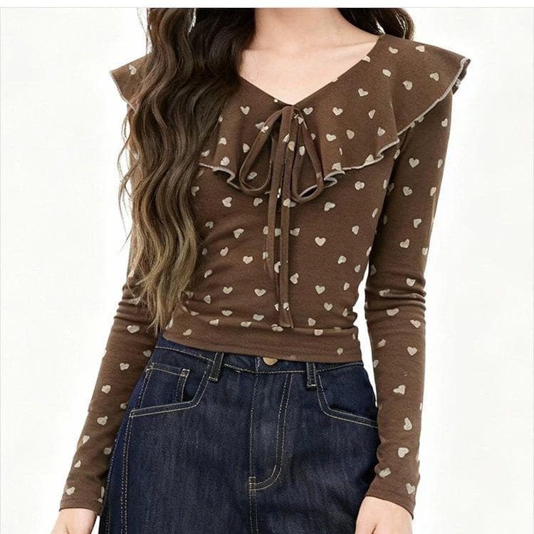 [Promoção por tempo limitado] Versão coreana Novo estilo Gentle Lady T-Shirt, Polka Dot Lace-Up 2026 Slim-Fit Manga Comp