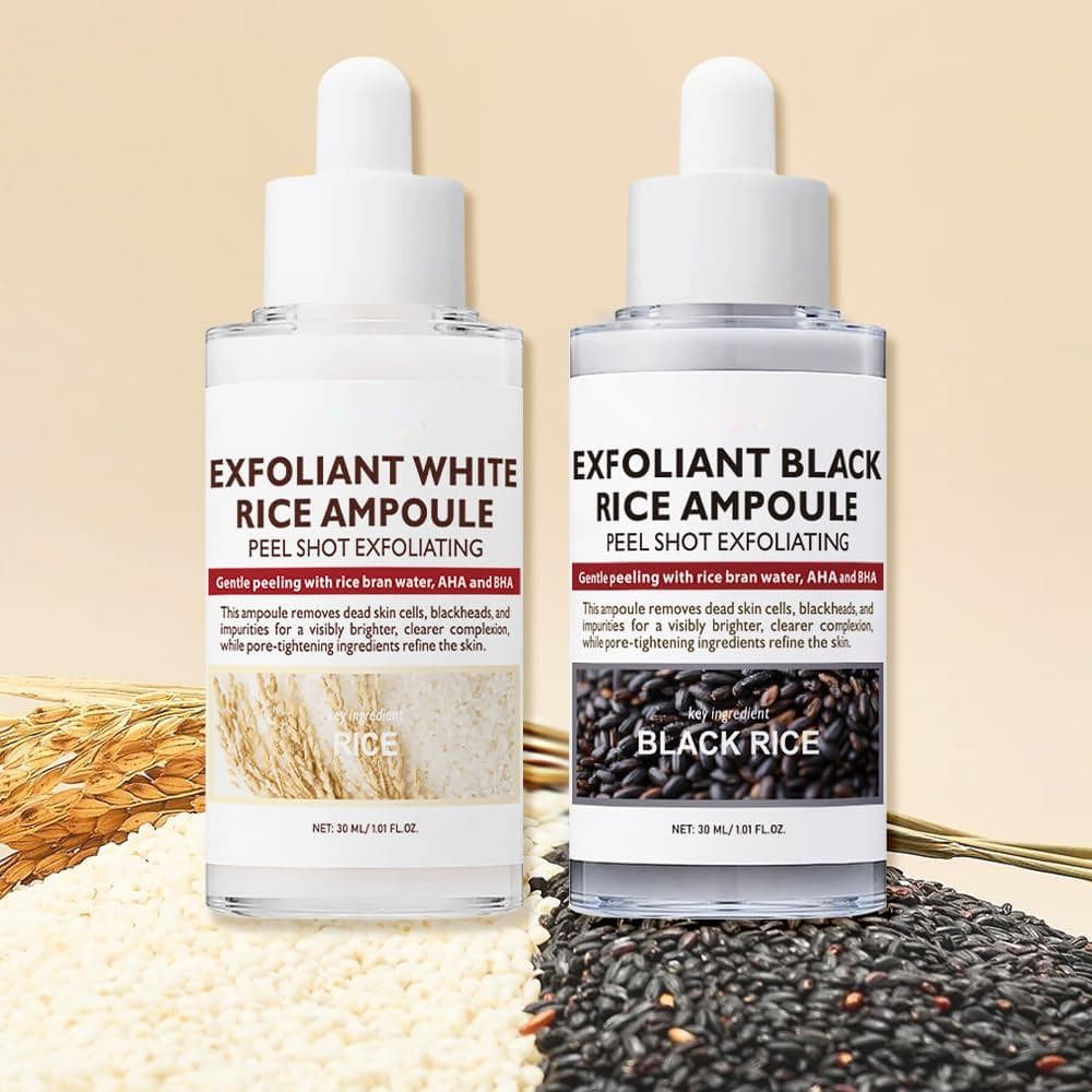 Duo de Ampolas Coreanas para Pele Radiante com Extrato de Arroz - 2 Peças |   Conjunto Esfoliante de Arroz Preto e Branc