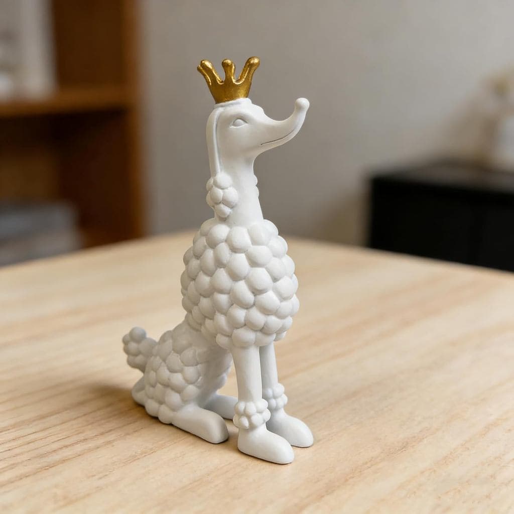 Estatueta de Poodle com Coroa Dourada, Pequena Decoração para Casa, Ornamento de Estátua de Poodle Branco |   Escultura