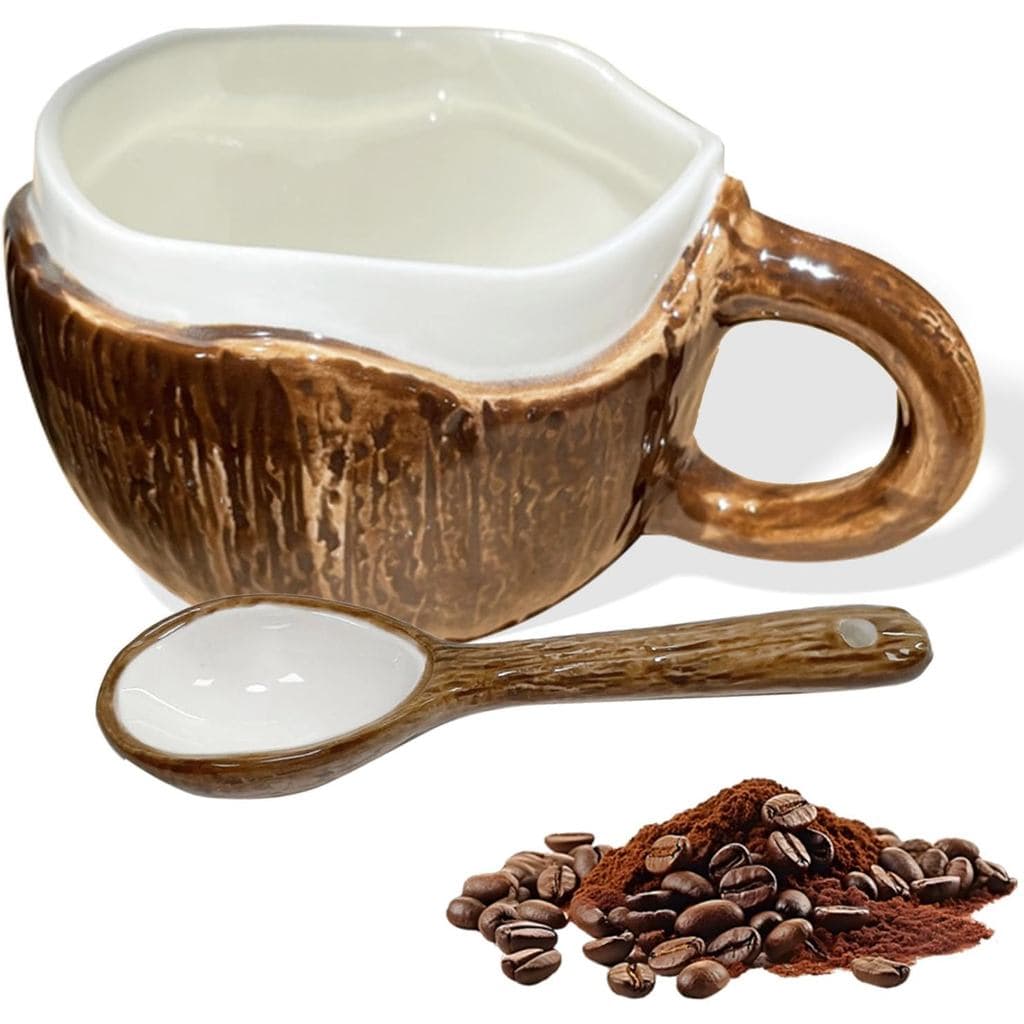 Caneca de Cerâmica em Forma de Coco com Colher, Caneca de Café de 10 oz para Chá, Aveia, Chocolate Quente, Presente Dive