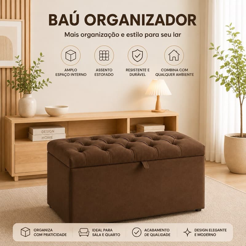 Puff Baú pé de cama 90 cm no Sued Capitone (porta objetos e brinquedos)