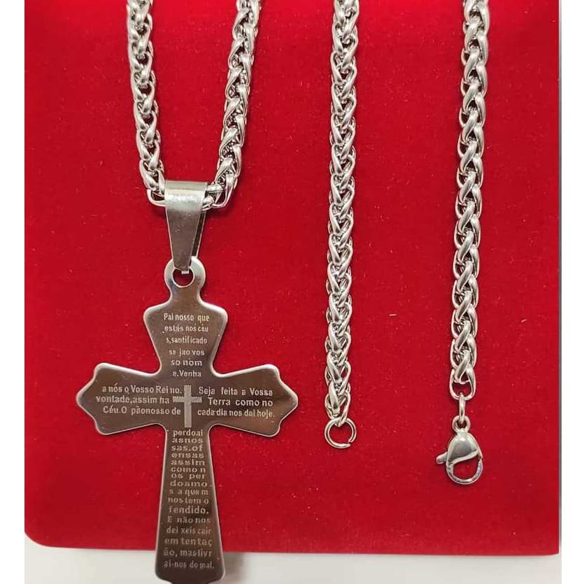 Corrente 60cm Masculino Aço Maciço Pingente Cruz Pai Nosso