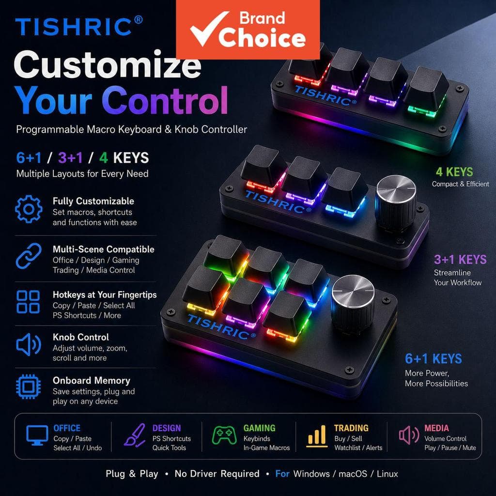 TISHRIC Teclado Mecânico Mini RGB USB 3+1/4/6+1 Teclas Macro Compatível com Jogos para Photoshop Atalhos de Copiar e