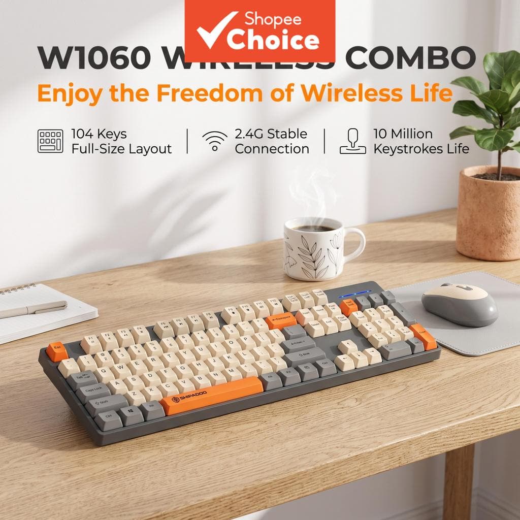 Teclado sem fio completo SHIPADOO W1060, conexão sem fio 2.4G, 104 teclas padrão em ABS durável, teclas multimídia de