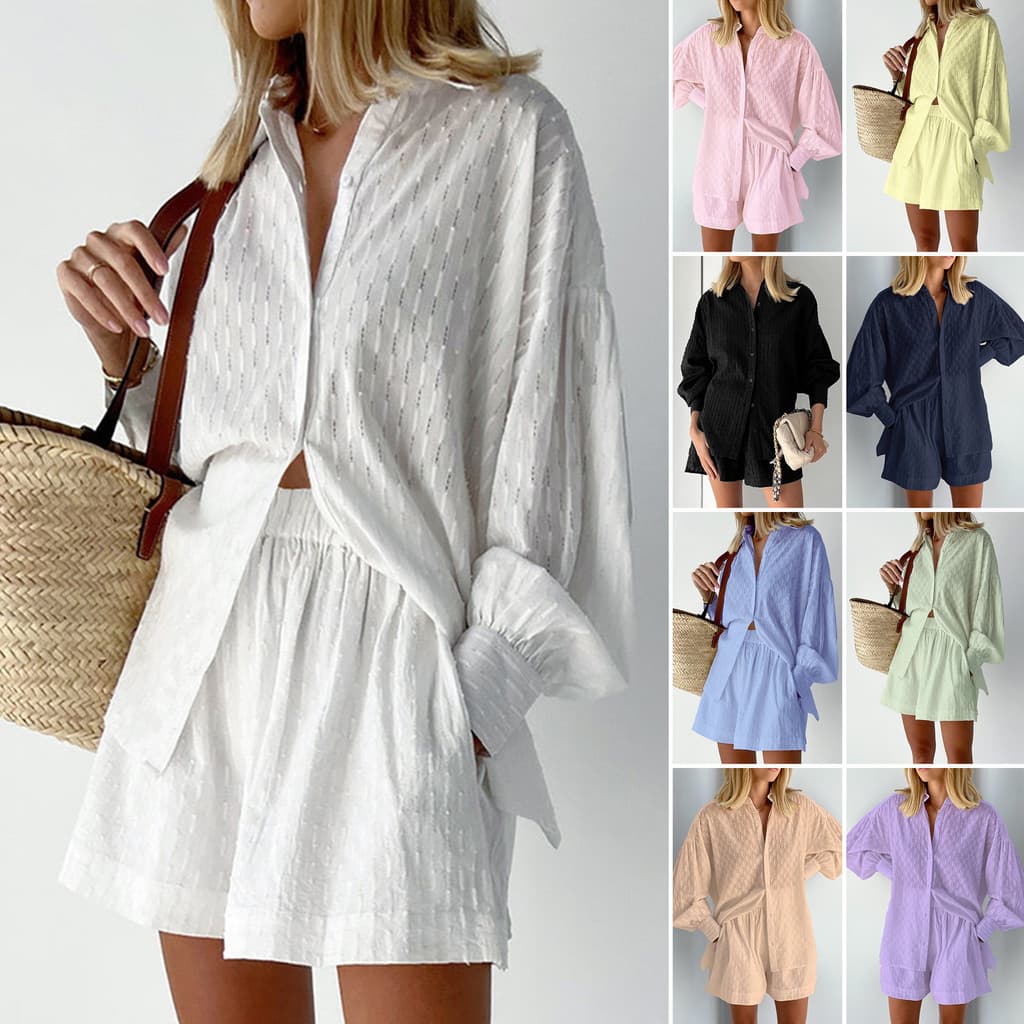 Roupas femininas de outono: camisa jacquard com mangas bufantes, top elegante, shorts, conjunto casual estilo executivo.