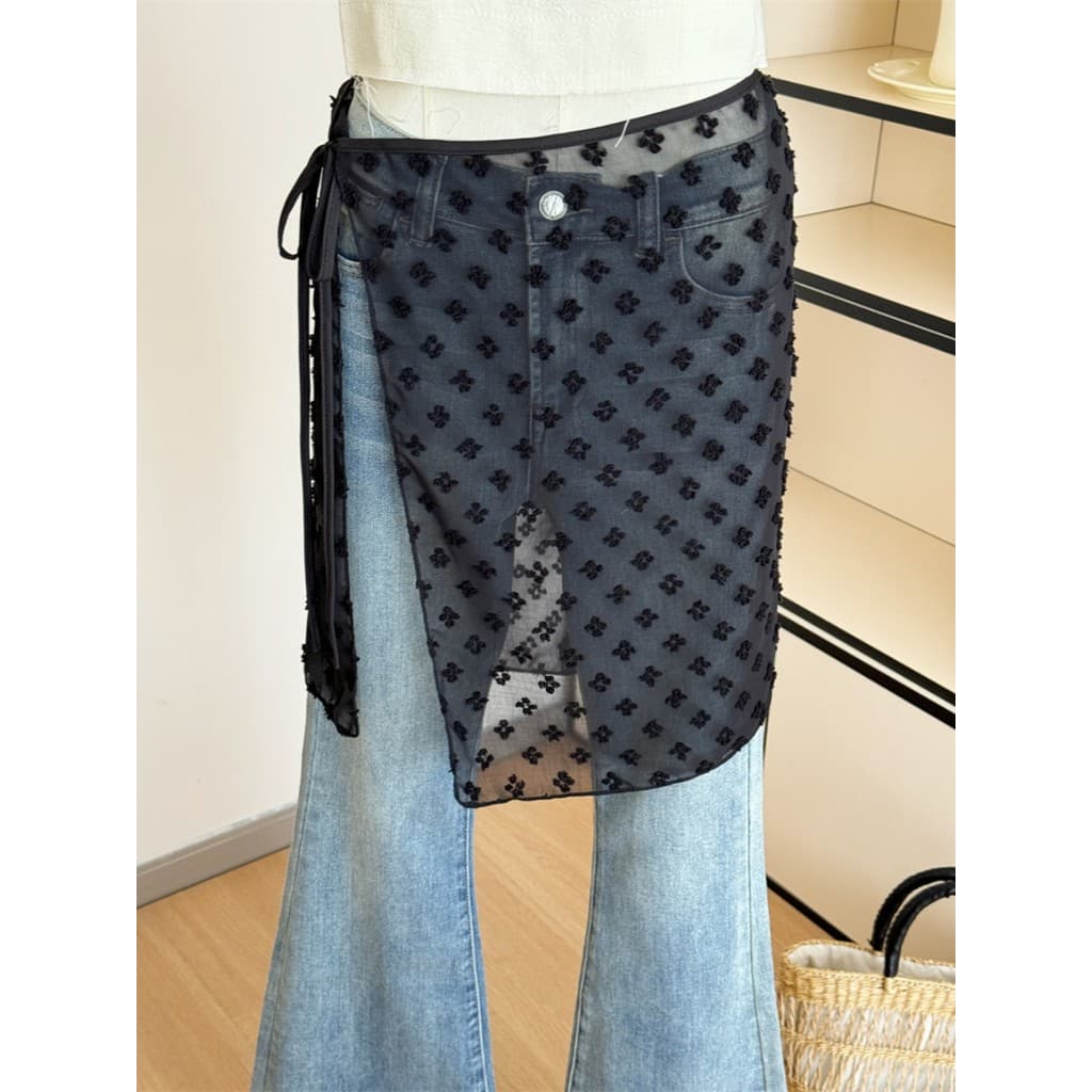 Nicho Design Sense Estilo Coreano Blogger Wear Perspectiva de Cor Sólida Pequena Flor Saia de Renda em Camadas