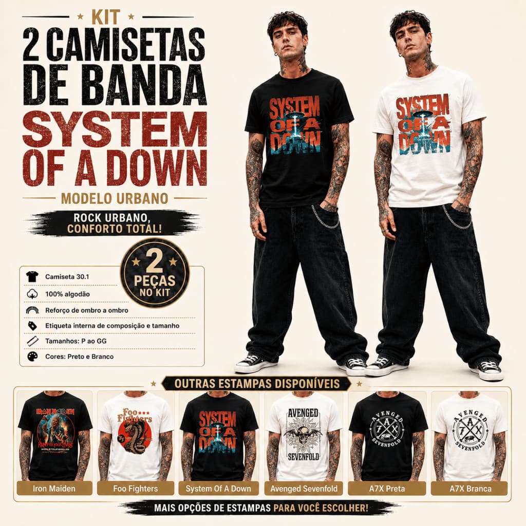 Kit 2 Camiseta Estampada de Banda Masculina Blusa Rock Casual 100% Algodão