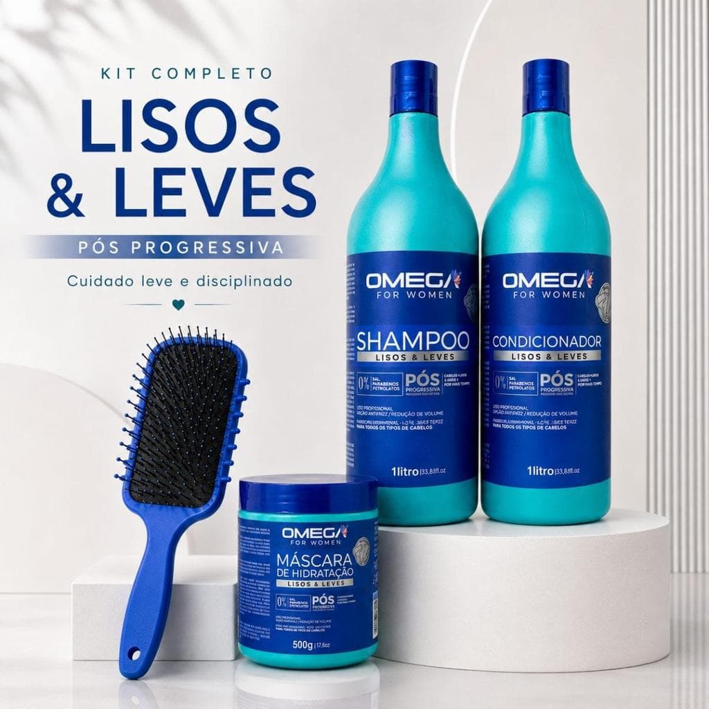 KIT CAPILAR LISOS E LEVES OMEGA HAIR + ESCOVA FITAGEM - 4 itens