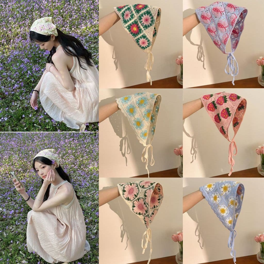 Francês Pastoral triângulo bandana feminino crochê morango margarida renda bandana Floral xadrez bandana lenço de seda v