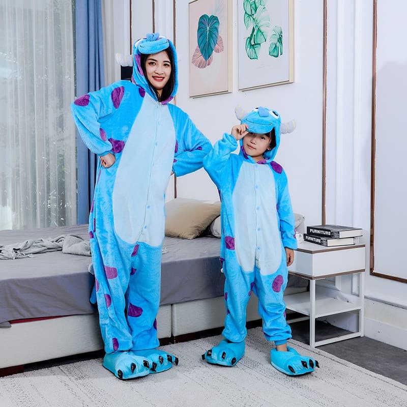 Pijama Unissex Azul Sulley, Macacão de Dormir de Flanela com Desenho Animado Fofo de Animal, Fantasia de Anime para Adul