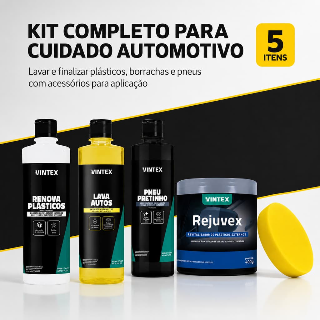 Kit Lavagem e Renovação Automotiva 5 Itens Lava Autos Pretinho Plásticos e Aplicadores Carro Moto
