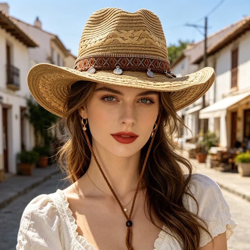 Chapéu de palha étnico feminino ocidental Cowboy chapéu panamá aba grande chapéu de palha guarda-sol protetor solar Jazz