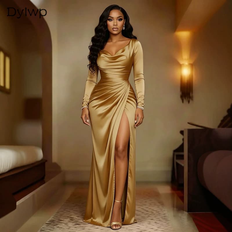 Vestido Feminino De Manga Comprida Para Festa À Noite , Maxi Formal Com Fenda Amarrada Na Cintura Elegante Banquete E Co