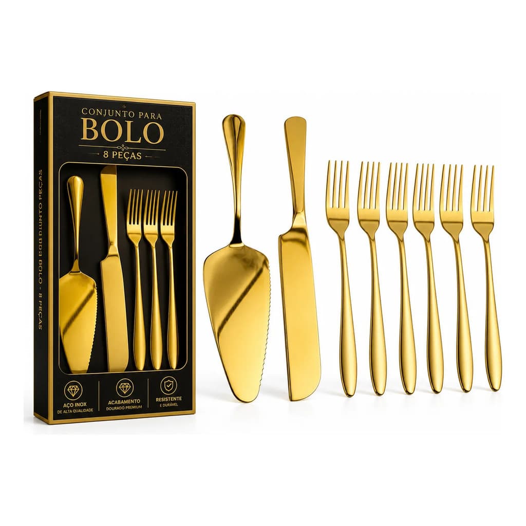 Jogo De Talheres Dourados Para Bolo E Sobremesa 8 Peças