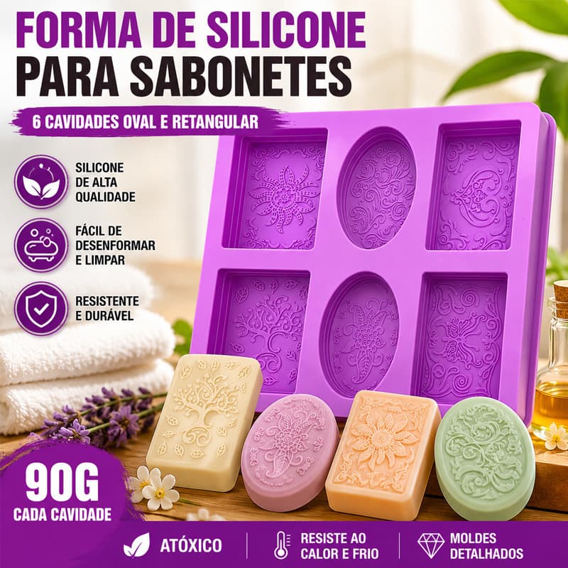 Formas de silicone para sabonete, ovais e retangulares (90g), com belos padrões e 6 cavidades.