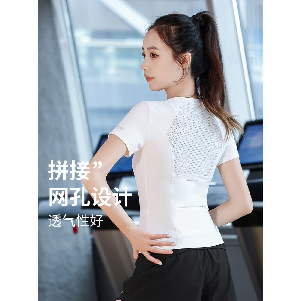 Bolso traseiro esportes de manga curta feminino 2026 verão respirável secagem rápida costura gaze roupas de Fitness corr
