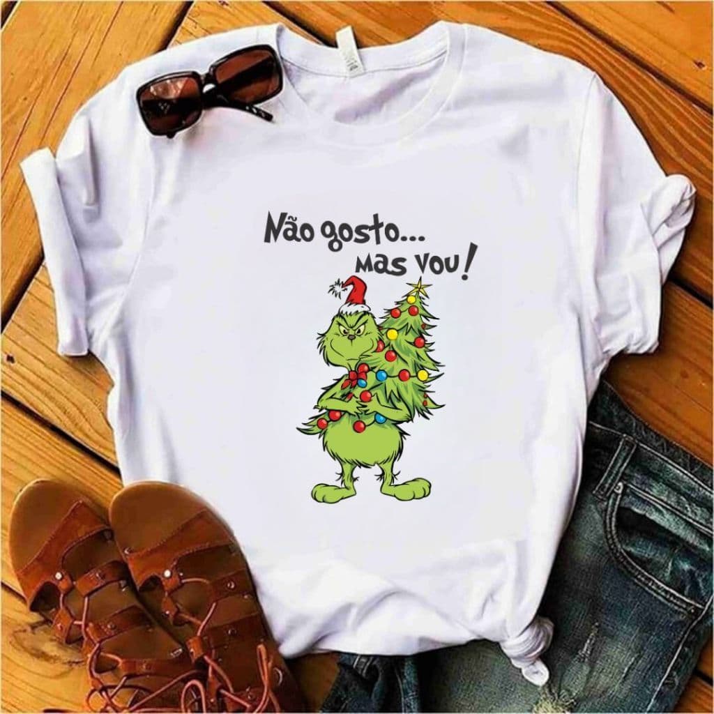 Camiseta CAMISA Grinch Natal Não Gosto Mas Vou Familia Meme Camisa 100% Algodão ESTAMPADO