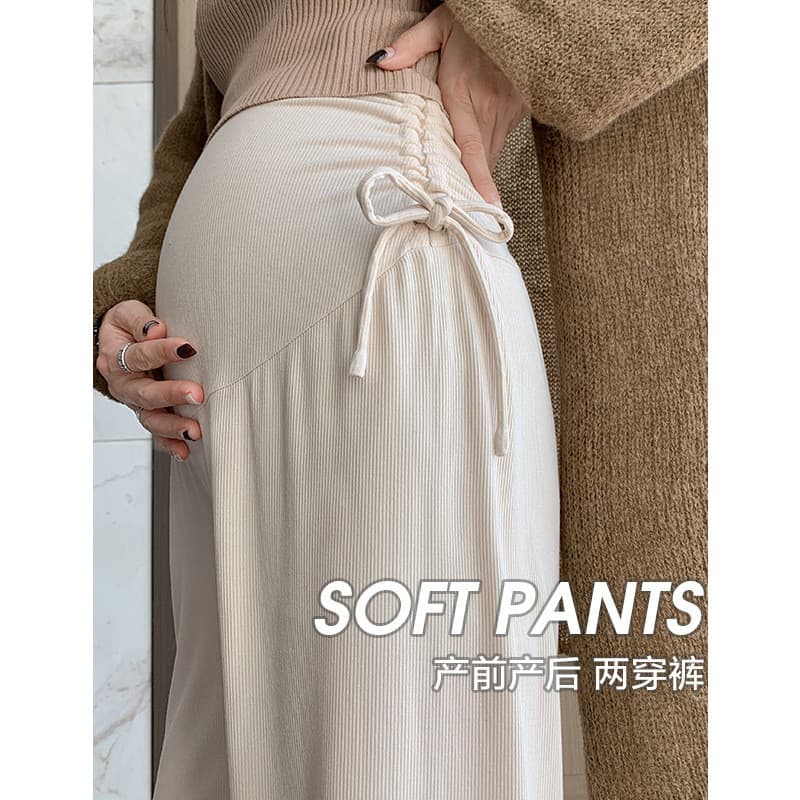 Calça Maternidade Exterior Calça Perna Larga Calça Casual com Cordão