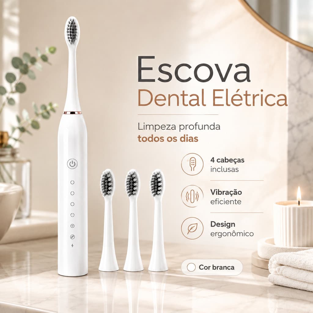 Escova Elétrica Recarregável USB IPX7 com 4 Cabeças Refis Limpeza Profunda