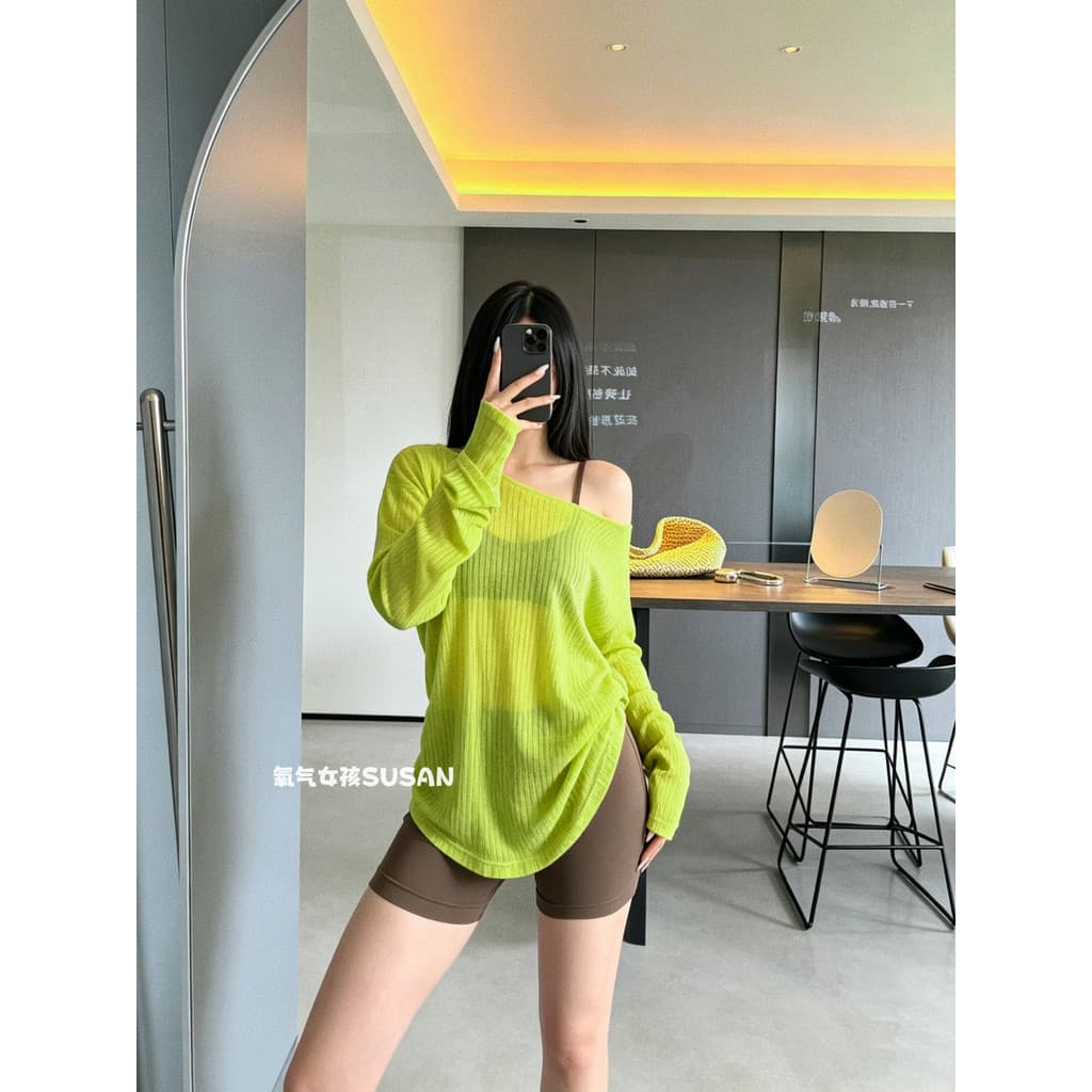 Blusa respirável fina de malha feminina verão estilo preguiçoso solto mais magro olhar sem alças de manga comprida topo