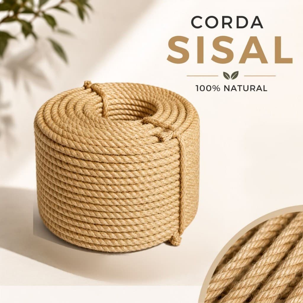Corda Sisal 5mm 6mm 8mm 15m 30m 50m Artesanato Arranhador Gato Decoração Fio Grosso Natural Resistente