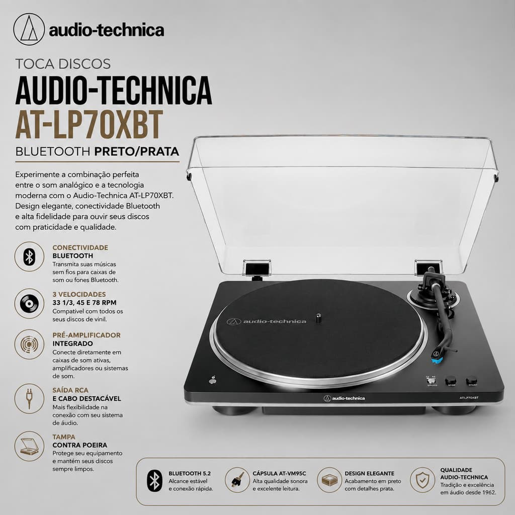 Toca Discos Audio-Technica AT-LP70XBT Bluetooth Preto/Prata