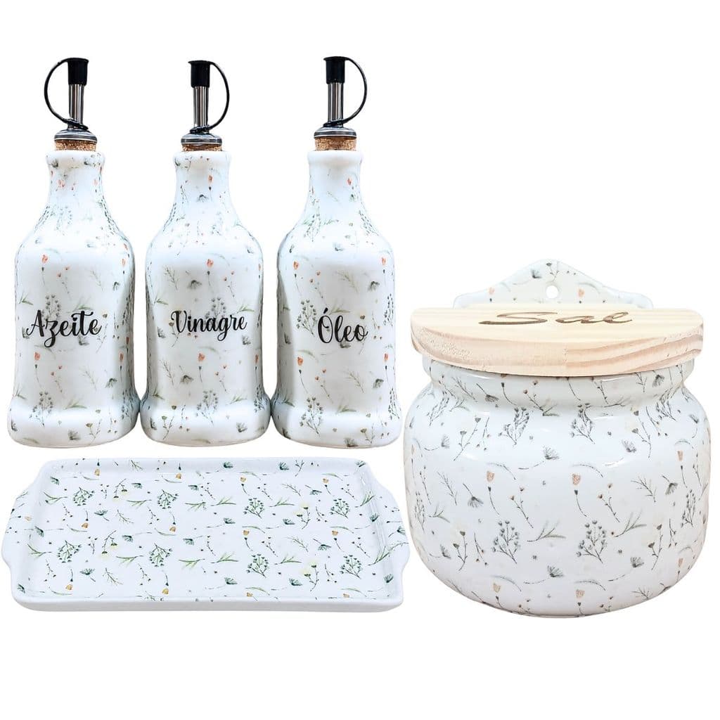 Kit Cozinha Porcelana Arabescos 5 Pçs Galheteiro Saleiro Gde