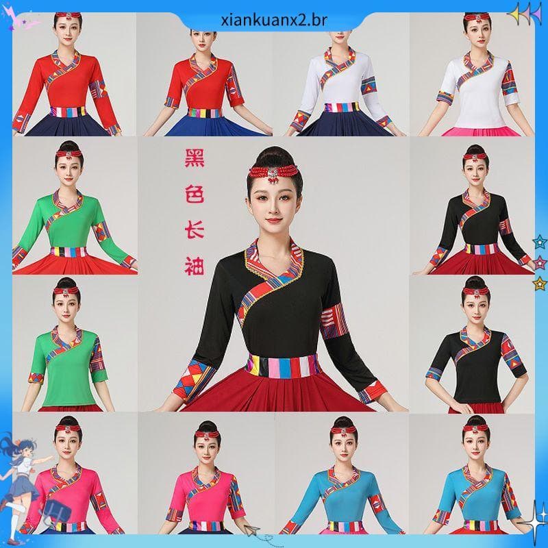 Traje de dança tibetana estilo étnico superior arte exame traje prática novo estilo tibetano quadrado dança desempenho