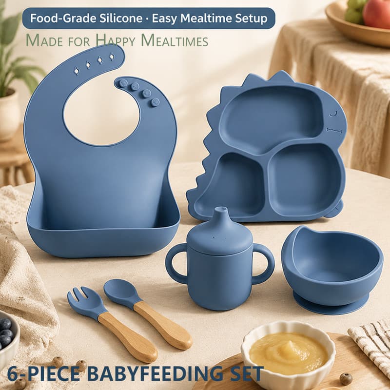 Prato de dinossauro para bebê, conjunto de utensílios de mesa de seis peças, colher e tigela de silicone para alimentaçã