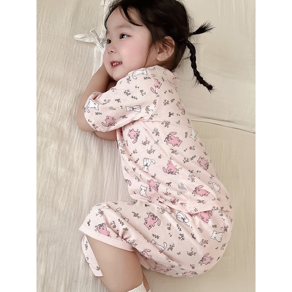 Conjunto de pijamas para meninas de verão, algodão puro, roupas para casa, algodão puro, cortado, respiração dividida, a
