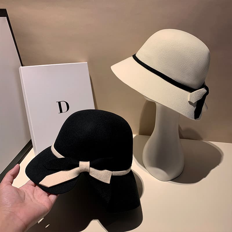 Hepburn estilo chapéu superior de lã outono inverno cor combinando arco elegante temperamento lazer viagem compras balde