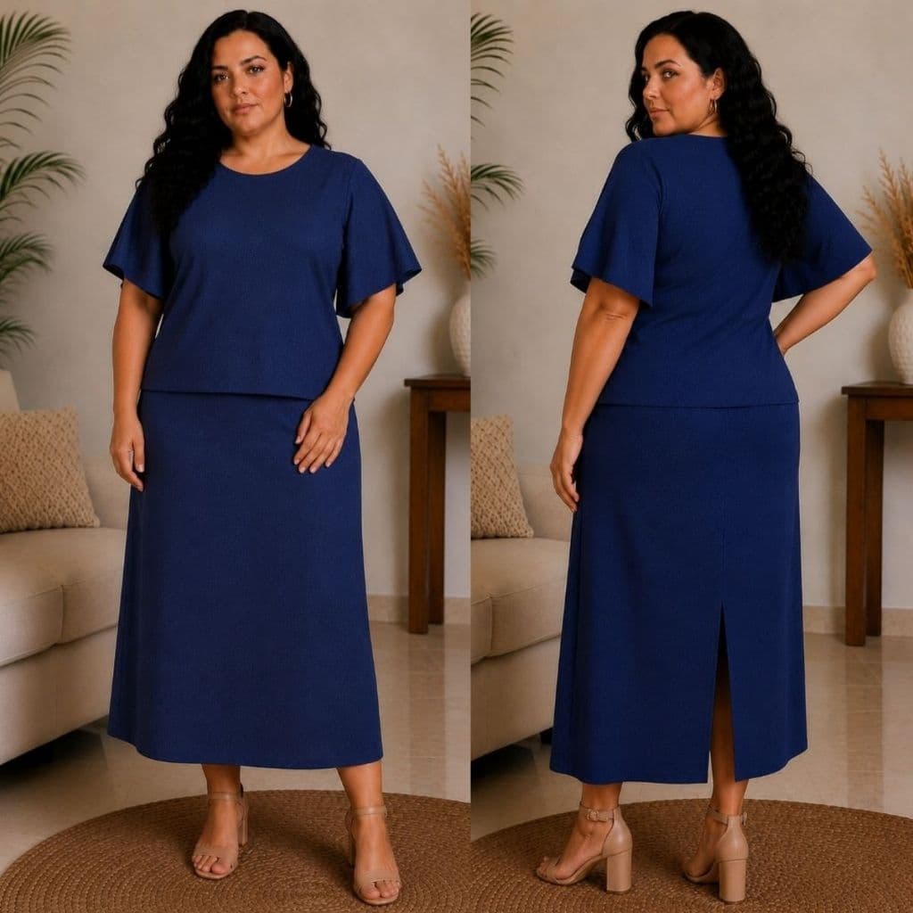 Conjunto Feminino Plus Size Moda Evangélica Social Saia Blusa Manga Borboleta Elegante Casual