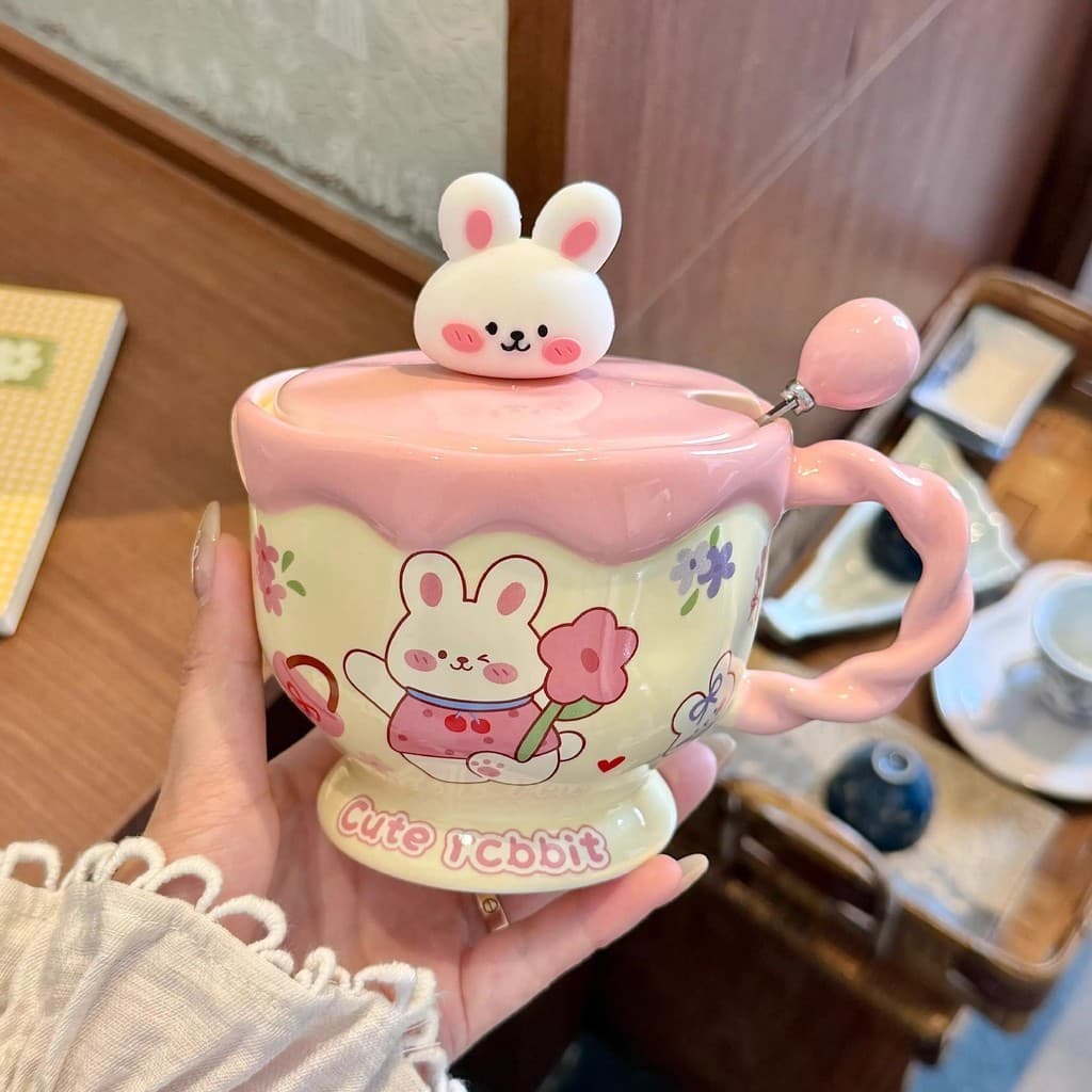 Caneca de coelho dos desenhos animados com tampa colher bonito copo de cerâmica grande capacidade casal copo de água men