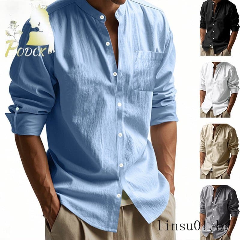 Camisa masculina de verão europeu americano linho manga comprida Henry secagem rápida manga curta respirável Casual